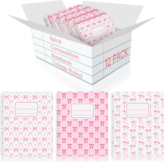 Jetec 12 Pack Pink Bow Composition Notebooks Preppy Cute Coquette Spiral Notebook 9-3/4 x 7-1/2 Inch College Ruled Hard Cover Journal Back to School Teacher Gifts Preppy School Supplies, 100 Pages