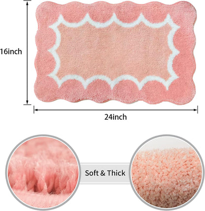 Scalloped Coral Pink Bathroom Rugs Mat,Non Slip Absorbent Quick Dry Bath Mats for Shower Room,Plush Microfiber Bath Rug for Bathroom Floor Washable Carpet for Shower Tub Sink Bedroom,16"x24"