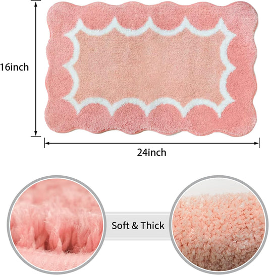 Scalloped Coral Pink Bathroom Rugs Mat,Non Slip Absorbent Quick Dry Bath Mats for Shower Room,Plush Microfiber Bath Rug for Bathroom Floor Washable Carpet for Shower Tub Sink Bedroom,16"x24"