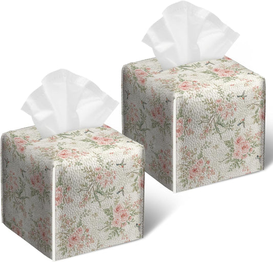2 Pack Pink Flowers Tissue Box Cover Square Floral Bird PU Leather Tissue Box Holder Waterproof Facial Paper Organizer Dispenser for Bathroom Kitchen Home Office Car