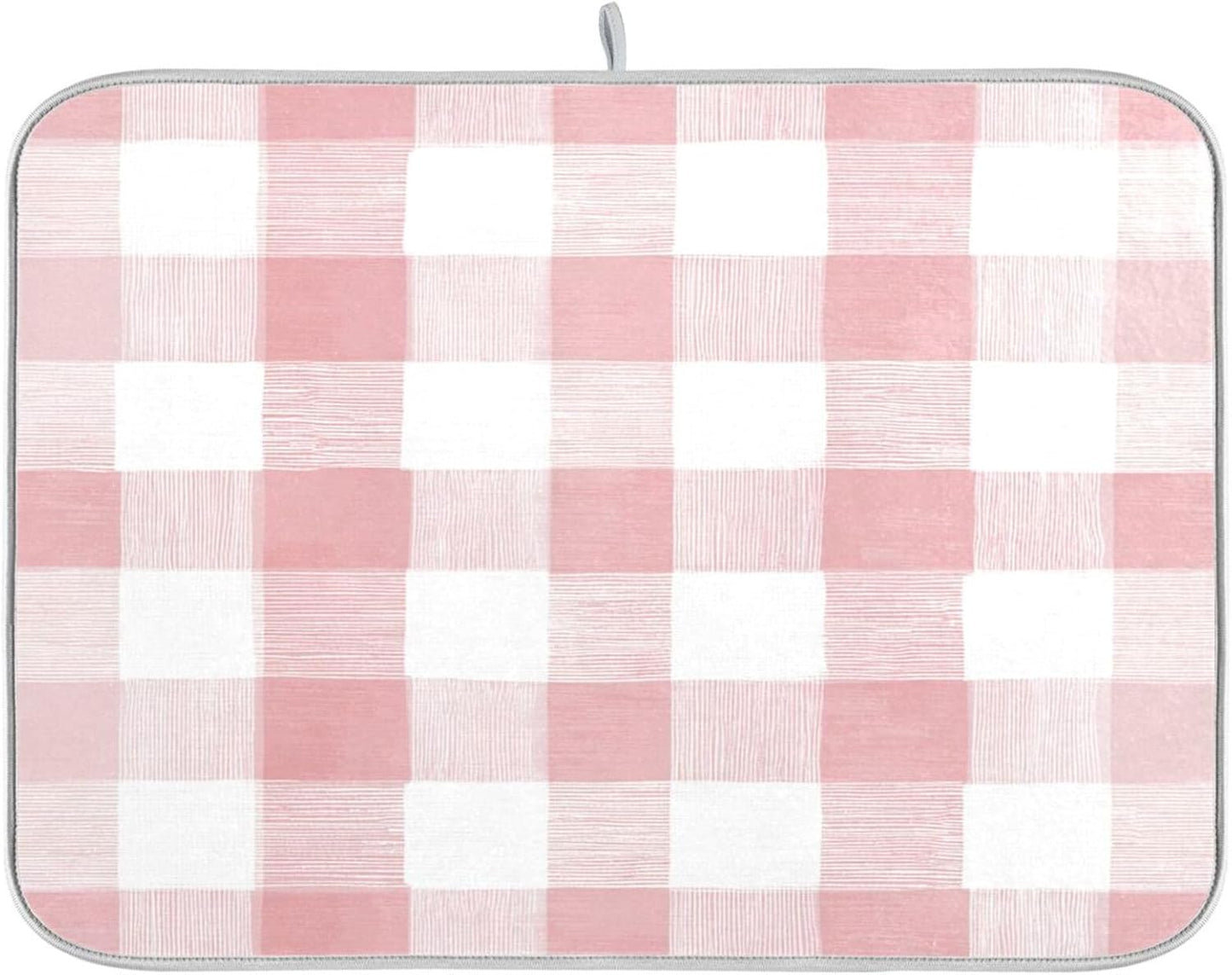 Dish Drying Mat for Kitchen Counter Absorbent Quick Dry Foldable Washable Coffee Bar Mat Dish Drying Pad 16x18in Pinks and White Checkered