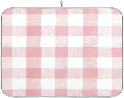 Dish Drying Mat for Kitchen Counter Absorbent Quick Dry Foldable Washable Coffee Bar Mat Dish Drying Pad 16x18in Pinks and White Checkered