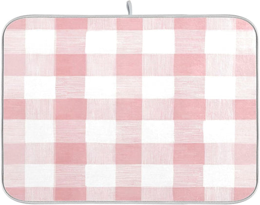 Dish Drying Mat for Kitchen Counter Absorbent Quick Dry Foldable Washable Coffee Bar Mat Dish Drying Pad 16x18in Pinks and White Checkered