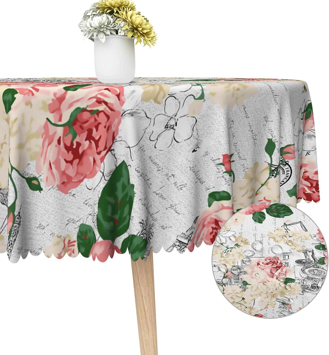Modern Flowers Tablecloth 60 Inch Circle Vintage Style French Flower Seasonal Washable Wrinkle Free Spill Proof Polyester Wedding Birthday Round Table Cover for Dining Table Farmhouse Kitchen
