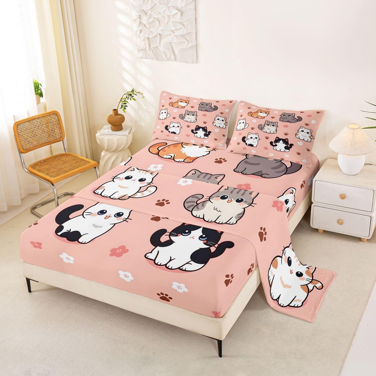 Homewish Cute Cat Bed Sheet Queen Size Kawaii Animals Paw Sheets for Kids Teens Adults Japanese Style Bedding Set with Flat,Fitted Sheet,2 Pillowcases Peach Pink