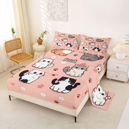Homewish Cute Cat Bed Sheet Queen Size Kawaii Animals Paw Sheets for Kids Teens Adults Japanese Style Bedding Set with Flat,Fitted Sheet,2 Pillowcases Peach Pink