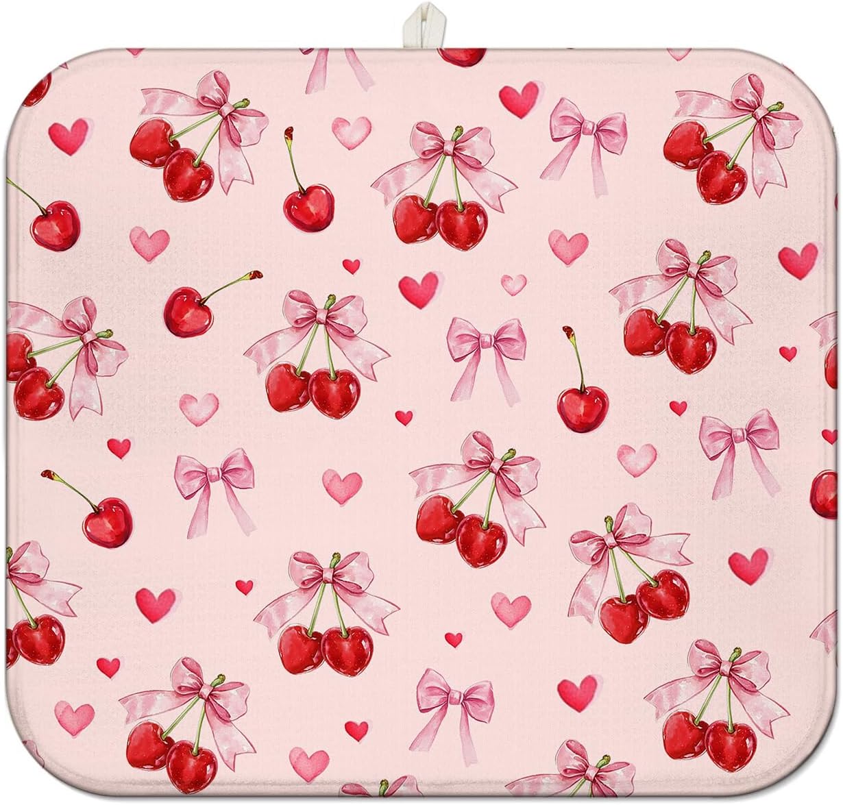 Cherry Dish Drying Mat for Kitchen Counter, Pink Cute Bow Heart Microfiber Drying Mat, Washable Absorbent Kitchen Countertop Dish Draining Mat, 16×18 Inch