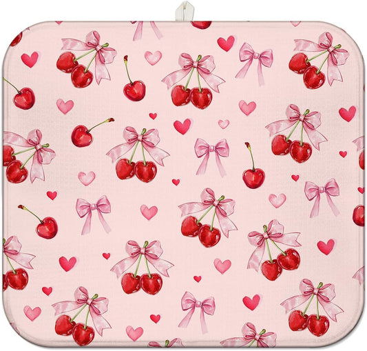 Cherry Dish Drying Mat for Kitchen Counter, Pink Cute Bow Heart Microfiber Drying Mat, Washable Absorbent Kitchen Countertop Dish Draining Mat, 16×18 Inch