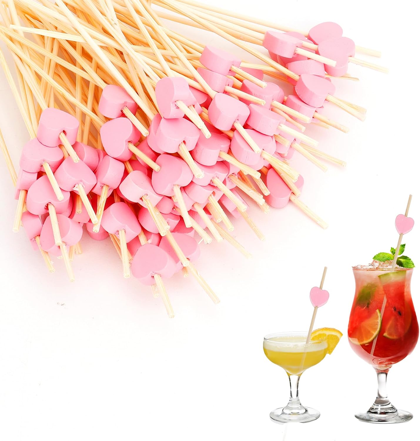 Pink Heart Cocktail Picks, 100PCS Toothpicks for Appetizers, 4.72 Inch Valentines Fancy Picks for Food, Bamboo Food Sandwich Skewers Drink Dessert for Valentine's Day Wedding Party Decoration Supplies