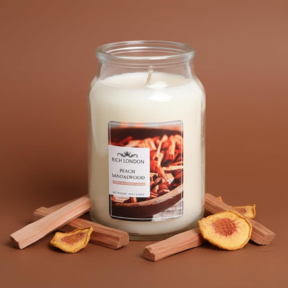 Rich London Peach Sandalwood Jar Candle – Highly Scented Soy Wax Candle with Cotton Wick & Essential Fragrance Oils for Relaxing Aromatherapy, Home Décor & Gifting