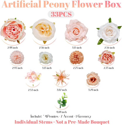 Artificial Peony Flowers Set, Silk Peony Flower Combo Box with Wire Stems for DIY Wedding Bridal Bouquet, Party, Home & Event Décor, Peach Pink Mix