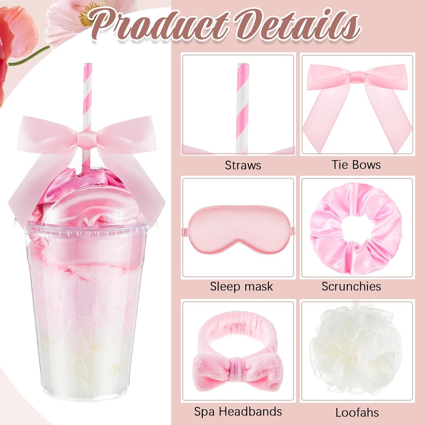 Nitial 56 Pcs Spa Sleepover Party Supplies Including Headband Sleep Eye Mask Velvet Scrunchies Bath Loofah Sponges Plastic Cup with Lids Straws for Girls' Night Birthday Party (Pink)