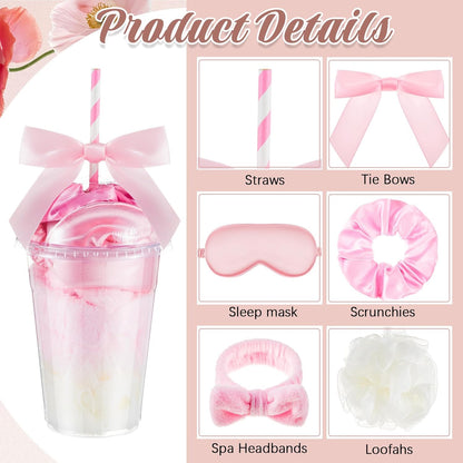Nitial 56 Pcs Spa Sleepover Party Supplies Including Headband Sleep Eye Mask Velvet Scrunchies Bath Loofah Sponges Plastic Cup with Lids Straws for Girls' Night Birthday Party (Pink)