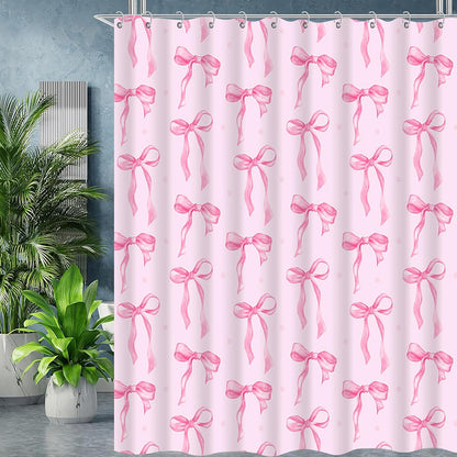 Pink Shower Curtain with Bows Shower Curtain Set, Waterproof Cloth Pink Bow Bathtub Shower Curtains with Hooks, Cute Bow Bathroom Decor Coquette Bath Curtains Girly Shower Decoration for Women 72x72"