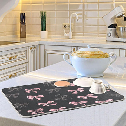 Boccsty Bows 67 Light Pink Dark Grey Dish Drying Mat for Counter Drying Kitchen Mats Coffee Bar Mats for Countertops Dishes Utensils Sinks 18 x 24 IN