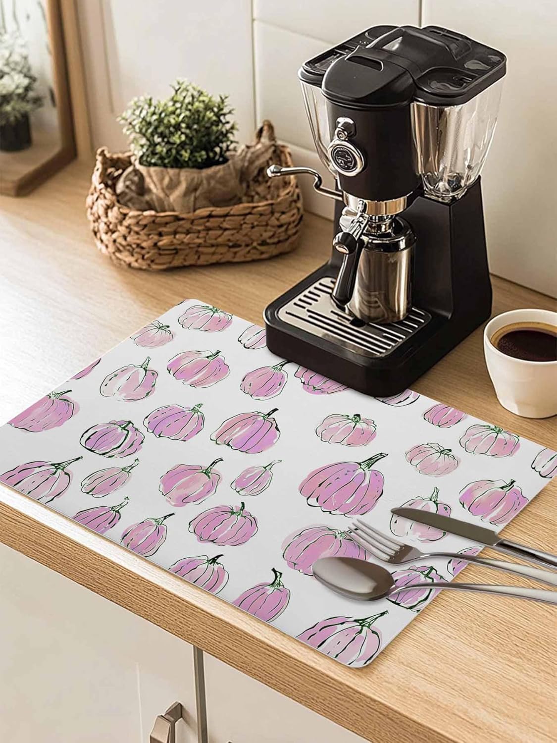 Coffee Mat for Countertops Fall Thanksgiving Light-pink Pumpkin Pattern Absorbent Dish Drying Mat for Kitchen Counter Coffee Bar Accessories Rubber Backed for Espresso Machine 18" x 24"