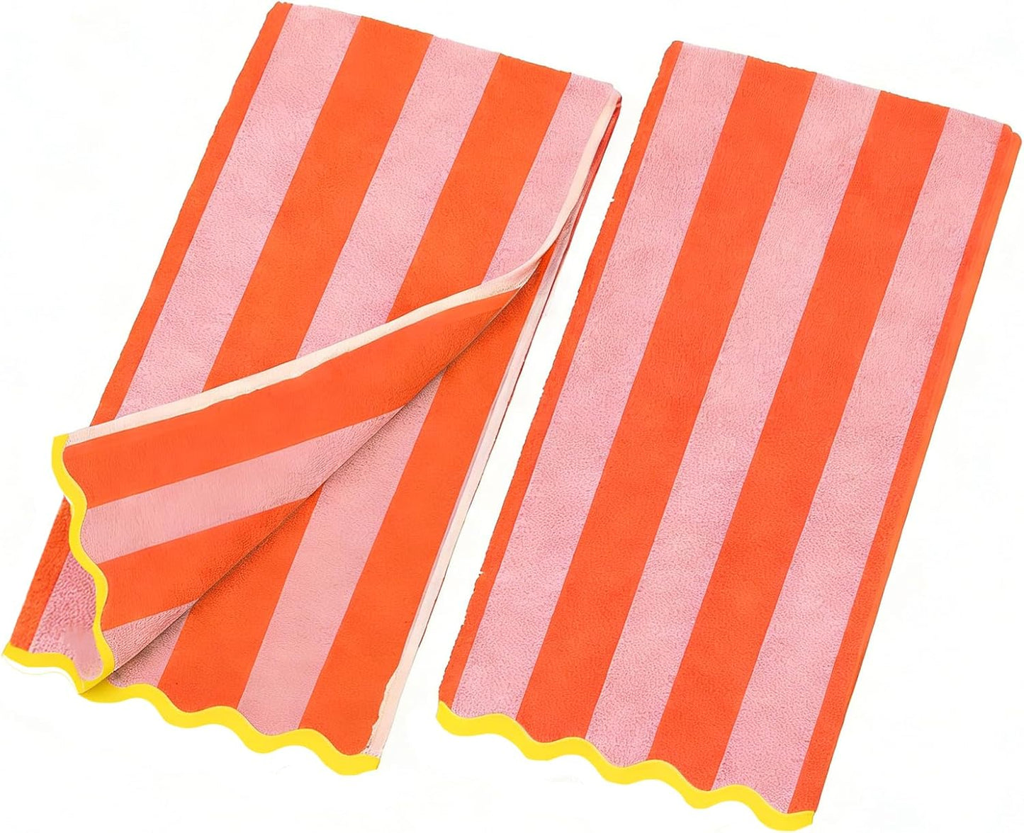 FYSUIMU 2 Pcs Orange Pink Stripe Hand Towels Bath Towels Scalloped Edge Absorbent Cotton Dish Towel for Home Bathroom Kitchen Hand Drying Cleaning Cooking, 25.6 x 13.8 Inch