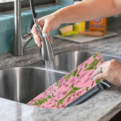 Pink Peach Flowers Placemats Set of 6, Washable PVC Kitchen Table Mats Place Mats, Spring Botanical Watercolor Floral Leaf Woven Vinyl Placemat for Dining Table, 13" x 19"