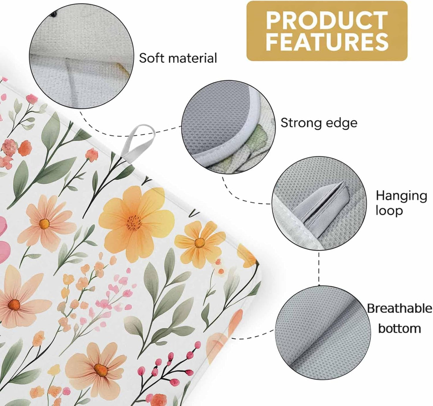 Watercolor Floral Dish Drying Mat 2 Pack, Light Pink Wildflowers Leaves Botanical Absorbent Heat Insulating Kitchen Drying Pad Drainer Mats for Sink Counter Dishes 16 X 18 Inch