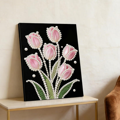 FRANDEK Pink Tulip DIY Pearl Painting Kit, Framed 3D Textured Handmade 30x40cm, Sparkling Gem Art Decor for Living Room, Study, Relaxing Creative Project, Gift for Friends Mother's Day