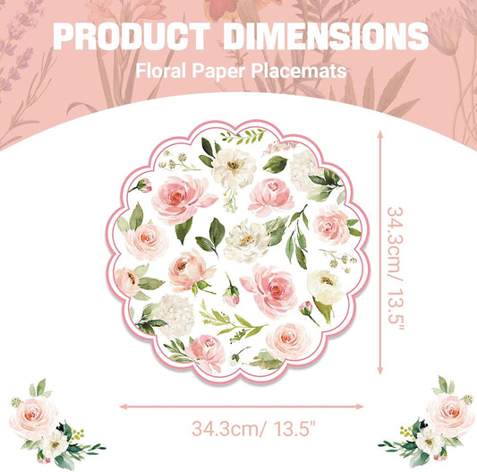 50PCS Floral Paper Placemats, Pink Roses Flower Paper Placemats Disposable, 13.5in Summer Table Mats for Wedding Anniversary Birthday Home Party Supplies Banquet Table Settings
