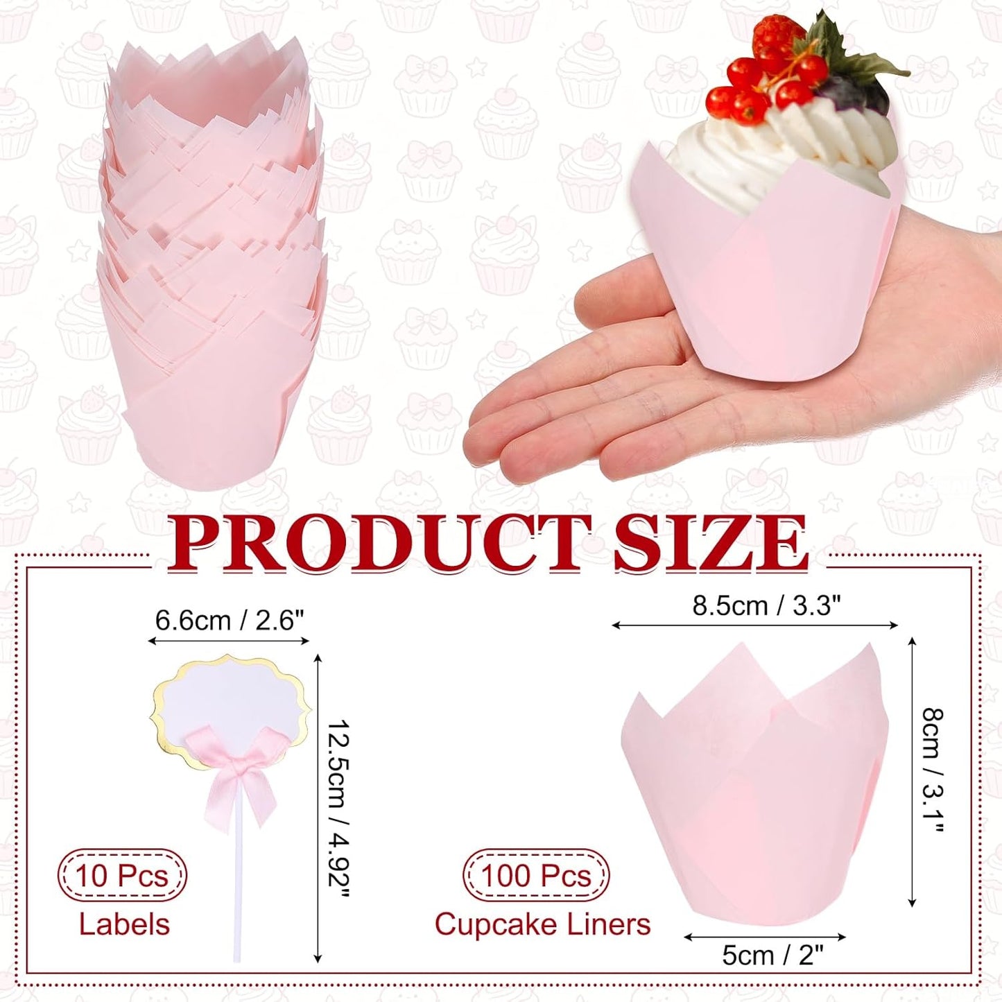 uxcell 100Pcs Tulip Cupcake Liners with 10Pcs Cheese Markers, Muffins Liners Solid Paper Greaseproof Wrappers Baking Cups with Writable Toppers for Wedding Birthday Shower, Light Pink