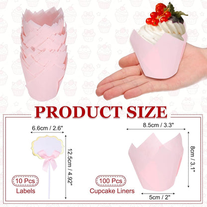 uxcell 100Pcs Tulip Cupcake Liners with 10Pcs Cheese Markers, Muffins Liners Solid Paper Greaseproof Wrappers Baking Cups with Writable Toppers for Wedding Birthday Shower, Light Pink