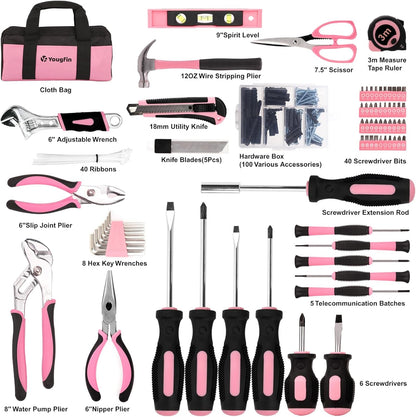 Pink Tool Set, 215 Pcs Home Repairing Tools Kit For Girls & Women With Portable Bags, Includes All Essential for Household, Garage, Office and College Dormitory Use, Pink & Black