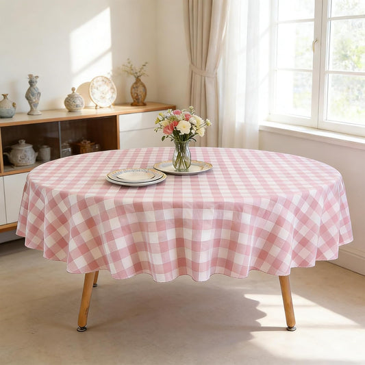OUTCREATOR Gingham Vinyl Tablecloth with Flannel Backing, Waterproof Round Table Cloth, Wipeable Plastic Buffalo Plaid Table Cover for Kitchen Dining, Camping,Indoor and Outdoor(60", Pink and White)