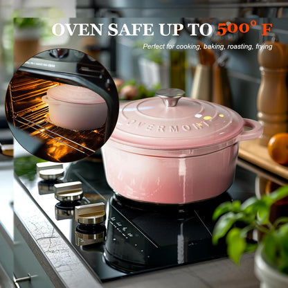 Overmont Enameled Cast Iron Dutch Oven 5.5QT pink + Overmont 2 in 1 Pre Seasoned Dutch Oven combo