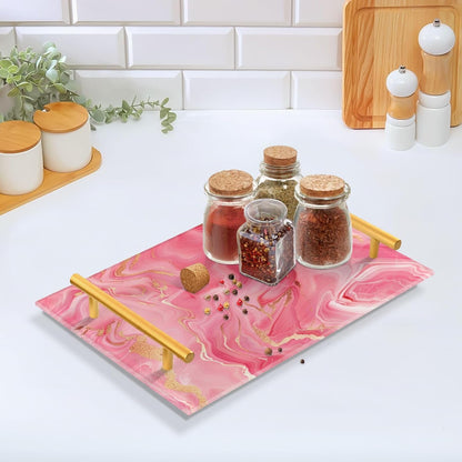 Peach Marble Decorative Dinner Trays with Handles Drink Serving Tray for Jewelry Perfume for Coffee Tables, Office
