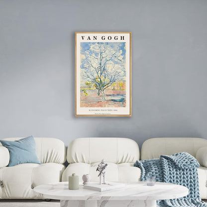 Framed Canvas Wall Art Blossoming peach threes By Vincent Van Gogh. The Word Classice Art Reproduction Artwork for Living Room, Bed Room, Office Home Decoration 12x16in (Natural Framed)