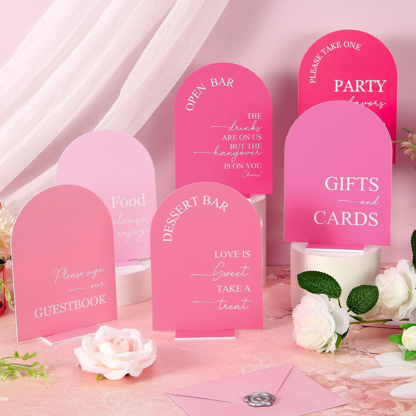 Whaline 6 Pcs Acrylic Wedding Signs 5x7" Pink Arched Table Signs with Stands for Wedding Ceremony Reception Open Bar Guest Book Dessert Bar Gifts & Cards Party Favors Food Sign