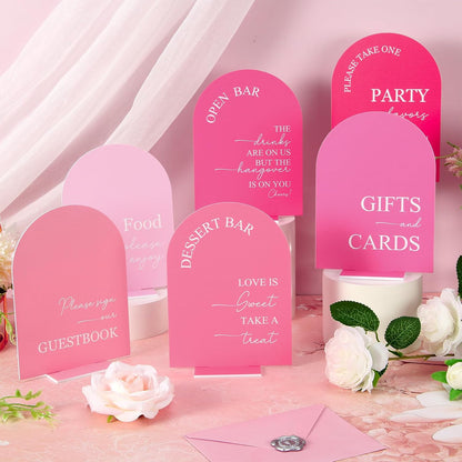 Whaline 6 Pcs Acrylic Wedding Signs 5x7" Pink Arched Table Signs with Stands for Wedding Ceremony Reception Open Bar Guest Book Dessert Bar Gifts & Cards Party Favors Food Sign