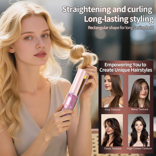 Feitenn Cordless Hair Straightener, 2 in 1 Portable Straightener Hair Straightening, Dual Voltage Flat Iron, Fast Heat, Wireless Hair Curler 5000mAh Rechargable for Travel, Gift for Women（Pink）