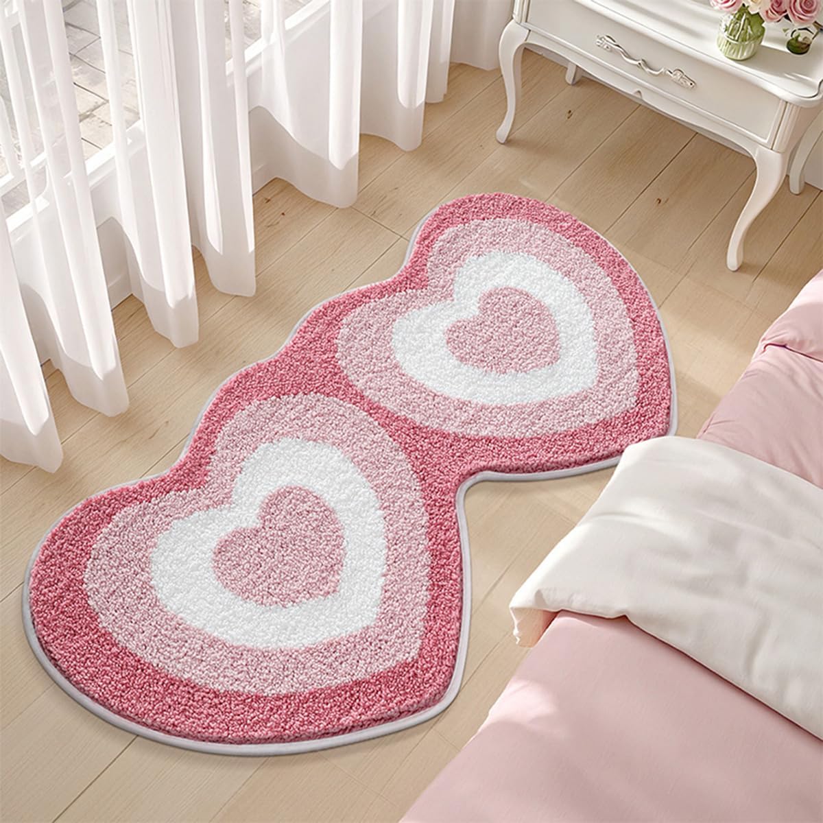 Cute Heart Bath Mat, Red Pink Warm Color Girls' Bathroom Rug, Fluffy and Soft, Anti Slip, High Absorbent, Easy to Clean, Machine Washable for Tub, Shower Mat, 19.7" x 39.4", Heart to Heart