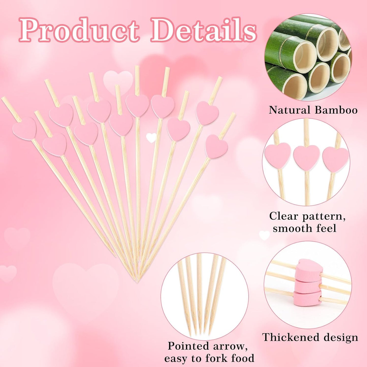 Pink Heart Cocktail Picks, 100Pcs Heart Toothpicks for Appetizers, 4.7 Inch Long Bamboo Cocktail Sticks Skewers Food Fruit Toothpicks Dessert Charcuterie for Galentines Valentines Day Party Decoration