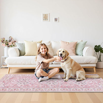 U'Artlines 2' x 8' Hallway Runner Rug, Pink Non Slip Washable Vintage Farmhouse Accent Rug Runner Carpet for Kitchen Entryway Laundry and Living Room(Peach Pink)