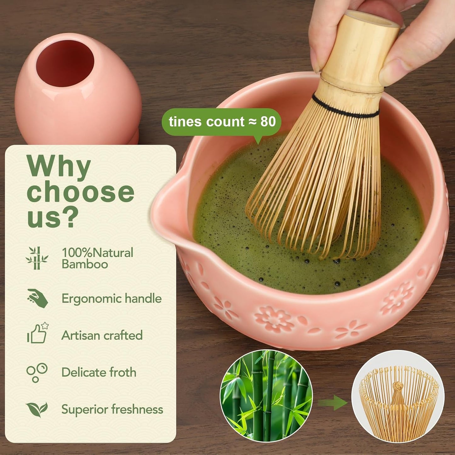 Matcha Whisk Set with 550ml Spouted Ceramic Bowl, 80-Prong Bamboo Chasen, Stainless Steel Sifter, Whisk Holder & Scoop – Complete Japanese Matcha Kit for Beginners, Gift Set for Tea Lovers-Pink