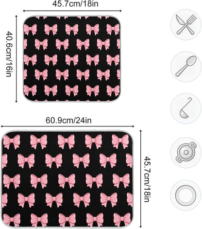 Pink Black Bows Dish Drying Mat for Kitchen Counter, Ultra Absorbent Dishes Drying Pad Heat-resistant Dish Mats 16x18in