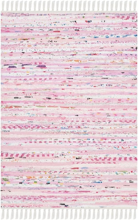 SAFAVIEH Rag Rug Collection Accent Rug - 2' x 3', Light Pink & Multi, Handmade Boho Stripe Cotton, Ideal for High Traffic Areas in Entryway, Living Room, Bedroom (RAR125E)