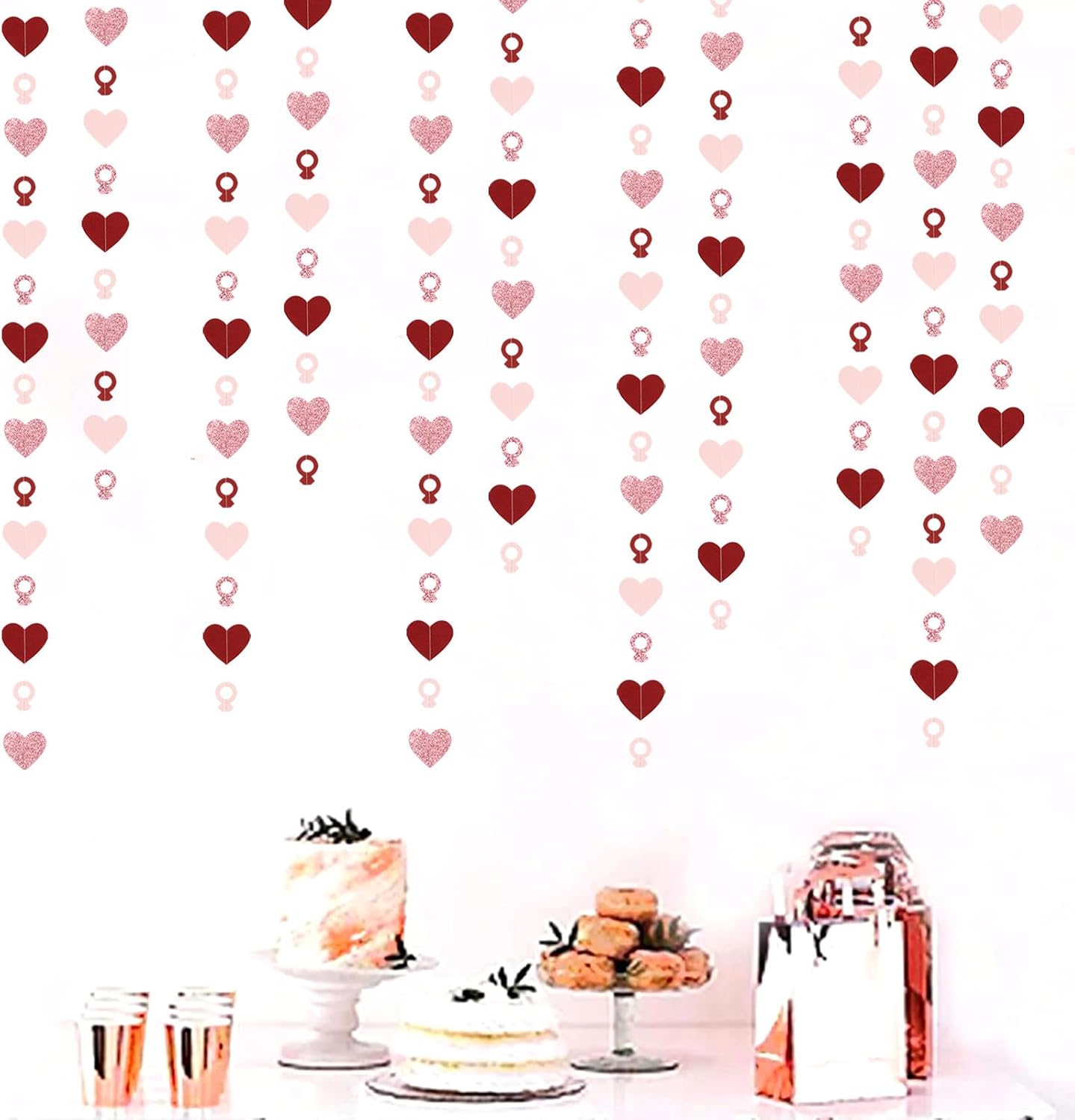 Rose-Gold Pink Burgundy-Red Heart-Ring Garland - 52Ft Engagement Bachelorette Party Decorations Wedding Paper Streamers Banner, Valentines Day Galentines Proposal Decor Lasting Surprise