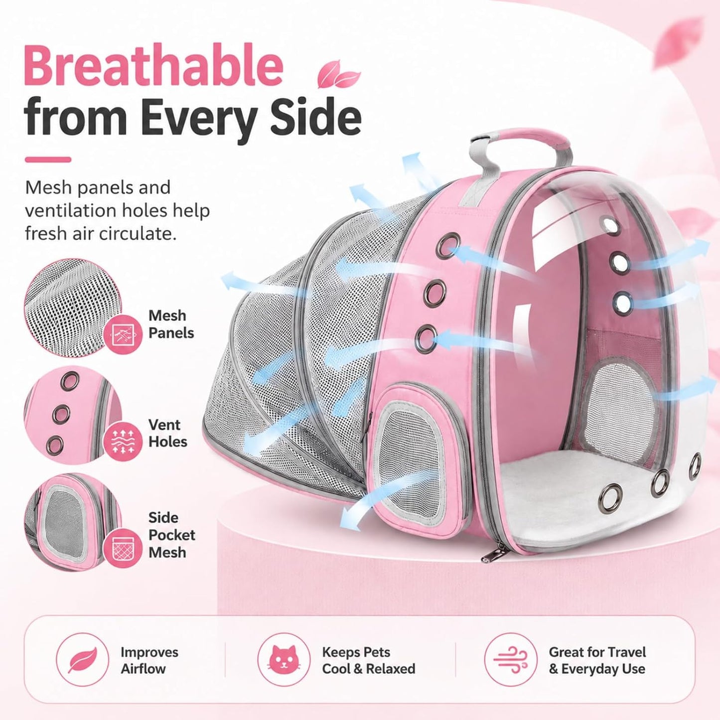 Expandable Cat Carrier Backpack for Cats & Dogs, Bubble Window Pet Travel Backpack with Breathable Mesh, Anti-Collapse Structure, Side Door, Safety Leash, for Vet Visits, Hiking, Outdoor, Pink