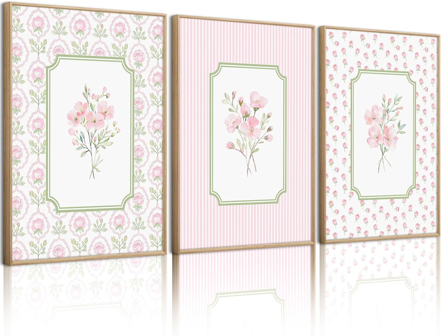 Pink Floral Wall Art Nursery Flower Canvas Wall Decor Baby Girl Wildflower Pictures Aesthetic Striped Botanical Poster Prints Pink Green Floral Painting Artwork for Girl Room 12x16 Inch Unframed 3Pcs