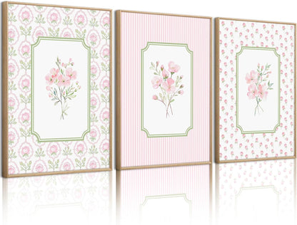 Pink Floral Wall Art Nursery Flower Canvas Wall Decor Baby Girl Wildflower Pictures Aesthetic Striped Botanical Poster Prints Pink Green Floral Painting Artwork for Girl Room 12x16 Inch Unframed 3Pcs