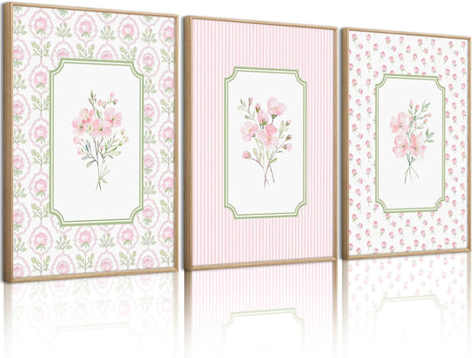Pink Floral Wall Art Nursery Flower Canvas Wall Decor Baby Girl Wildflower Pictures Aesthetic Striped Botanical Poster Prints Pink Green Floral Painting Artwork for Girl Room 12x16 Inch Unframed 3Pcs