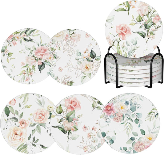 Coasters for Drinks Absorbent with Holder,Pink Roses Flowers Floral Green Leaf,Sets of 6 Durable Ceramic Cup Coaster for Coffee Table with Cork Base,Great Housewarming Birthday Gifts,Home Office Decor