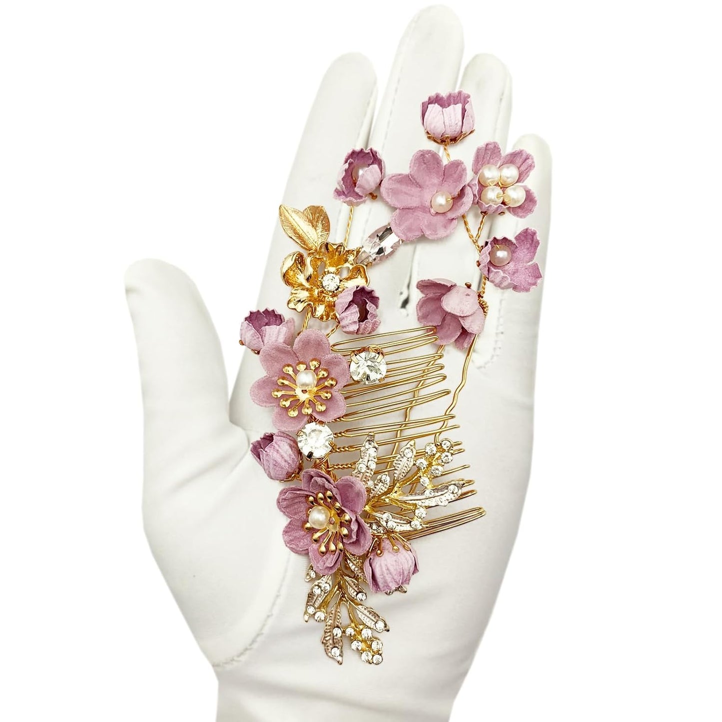 Pink Flower Hair Accessories Set 4pcs Bridal Floral Rhinestone Pearl Gold Leaf Vine Hair Combs Pins Pieces for Wedding Prom