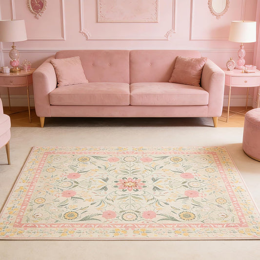 Pink Floral Area Rug 5x7 for Nursery, Boho Vintage Rugs for Bedroom Girls Non Slip Low Pile Neutral Floral Carpets for Kids Room Playroom Kitchen Dining Room Office