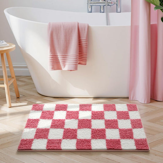 Lifup Checkered Bath Mat, Soft and Absorbent Microfiber Bathroom Rugs, Quick Dry Shaggy Bath Carpet, Suitable for Floor, Tub, Shower Pink 16" x 28"